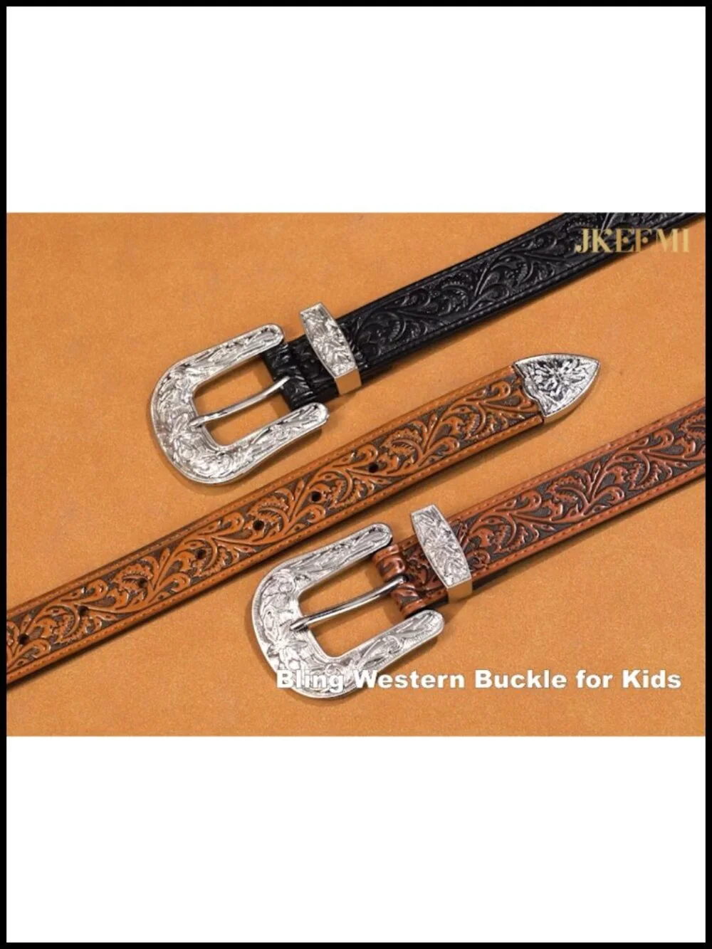 Kids Western Leather Belt with Floral Buckle, Adjustable Cowboy Belt for Boys &